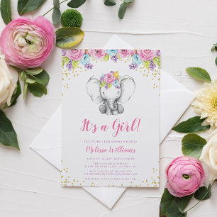 Aquarelle Floral Elephant Baby Shower Invitations