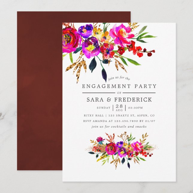 Aquarelle Floral Engagement Party Invitation (Devant / Derrière)