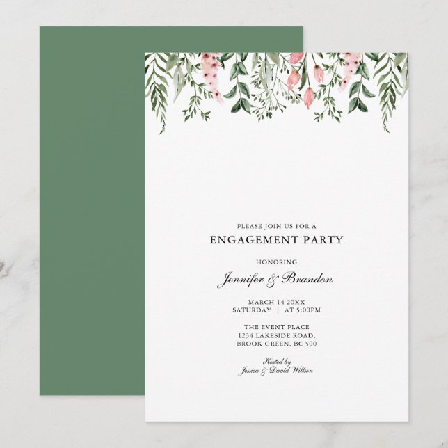 Aquarelle Floral Engagement Party Invitation (Devant / Derrière)