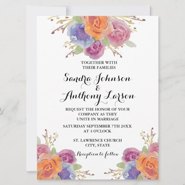 Aquarelle Floral Faire-part de mariage brillant (Devant)