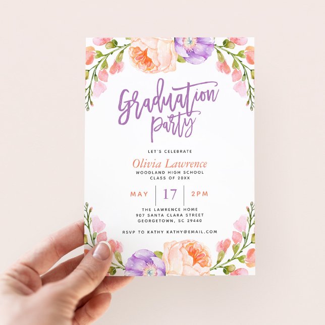 Aquarelle Floral Graduation Party Invitation (Créateur téléchargé)
