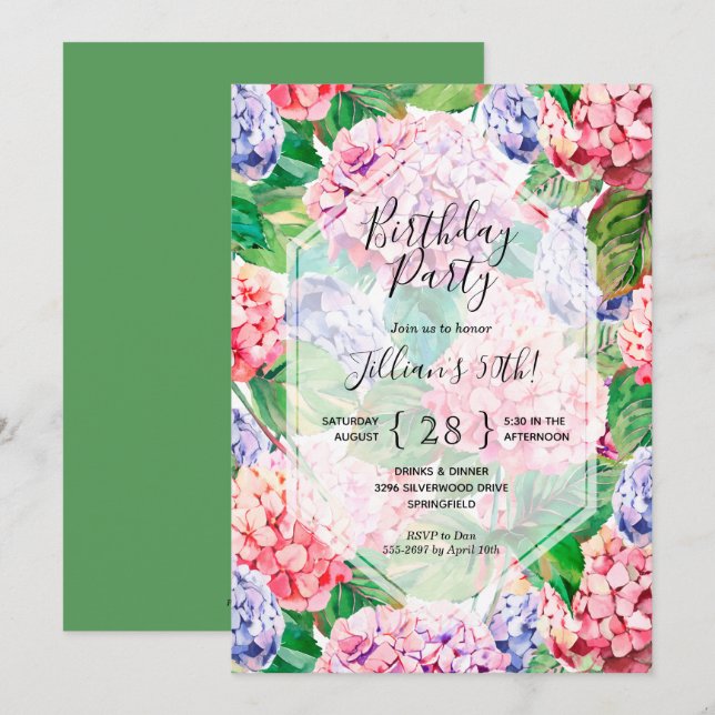 Aquarelle Floral Invitations de fête d'anniversair (Devant / Derrière)