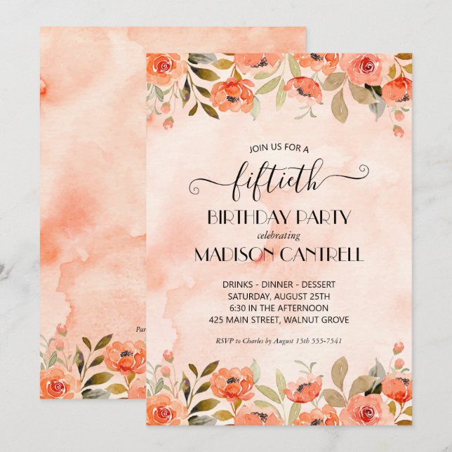 Aquarelle Floral Invitations de fête d'anniversair (Devant / Derrière)