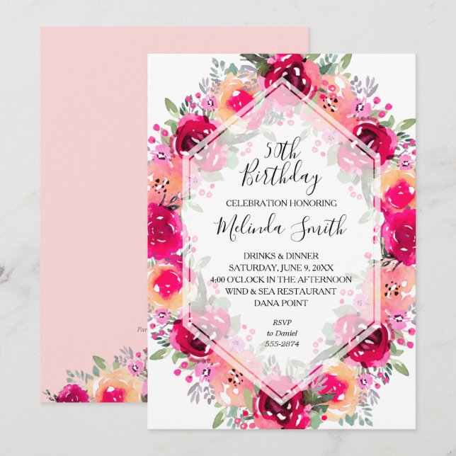 Aquarelle Floral Invitations de fête d'anniversair (Devant / Derrière)