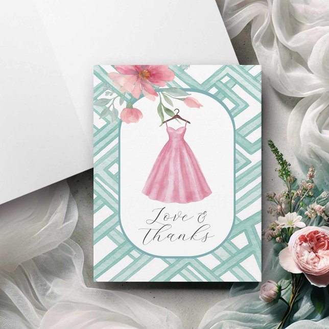 Aquarelle Floral Merci Cartes Vierge (Bridal shower card pink floral dress watercolor by Victoria Grigaliunas of Do Tell A Belle)