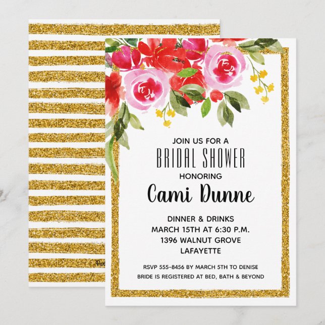 Aquarelle Floral & Parties scintillant Invitations (Devant / Derrière)