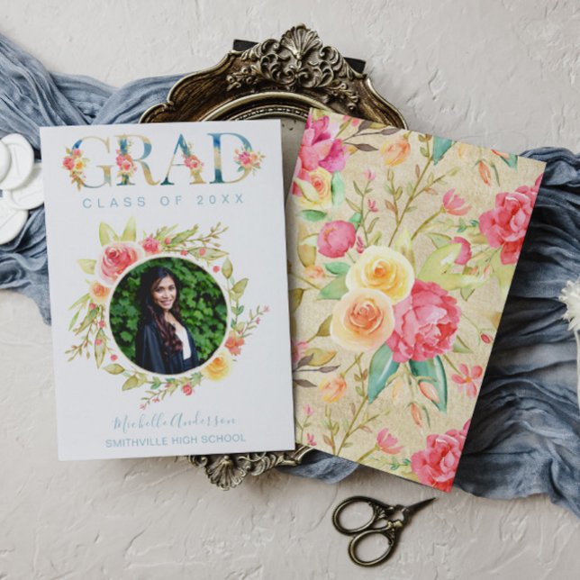 Aquarelle Floral Photo Graduation Faire-part (Créateur téléchargé)