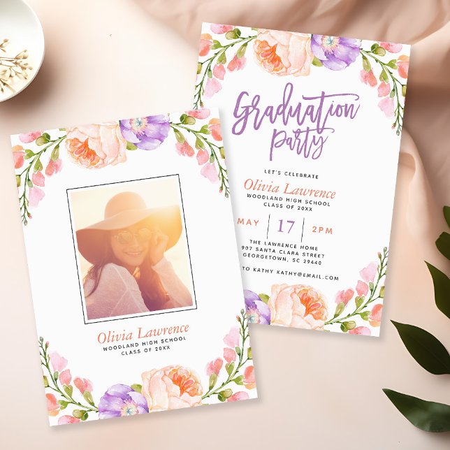 Aquarelle Floral Photo Graduation Party Invitation (Créateur téléchargé)