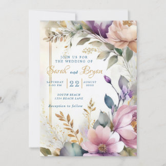 Aquarelle Floral Purple Faire-part de mariage rose