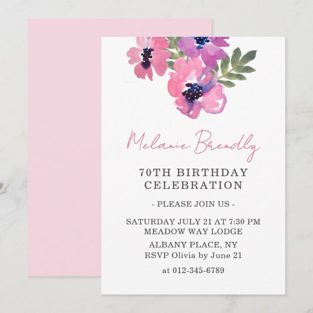 Aquarelle Floral rose 70e anniversaire Invitation  (Devant / Derrière)