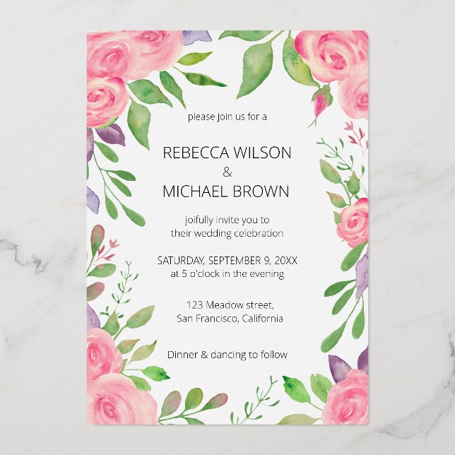 Aquarelle Floral Rose Roses Nom Invitation (Recto)
