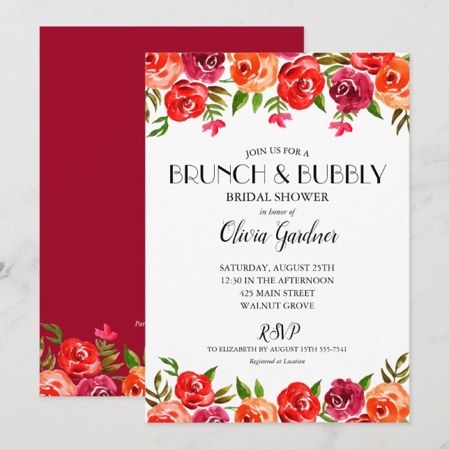 Aquarelle Floral Rouge Orange Brunch Invitations m (Devant / Derrière)