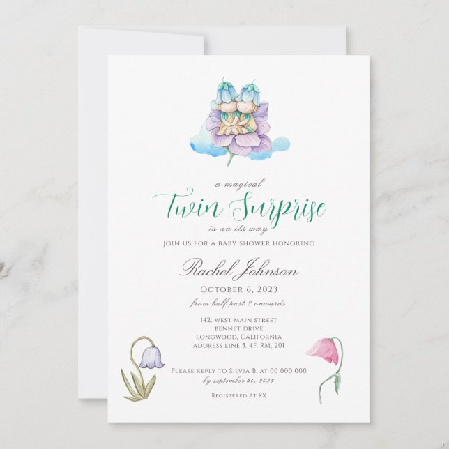 Aquarelle Floral Twins Baby shower Invitation (Devant)