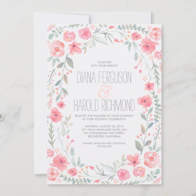 Aquarelle Floral Wreath Garden Invitations de mari (Devant)