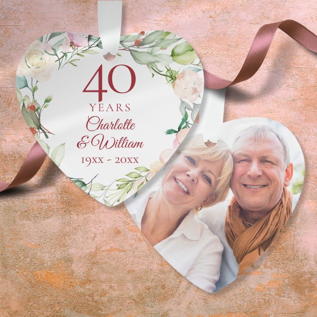 Aquarelle Florale 40e anniversaire Mariage Photo (Watercolor Floral 40th Wedding Anniversary Photo Ornament)