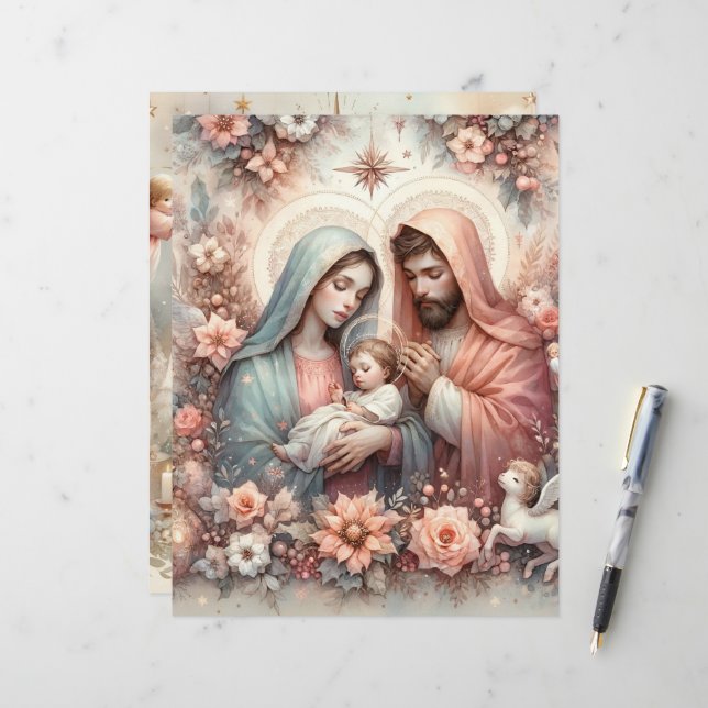 Aquarelle florale Bébé Jésus papier à scandale (Devant/Arrière en situation)