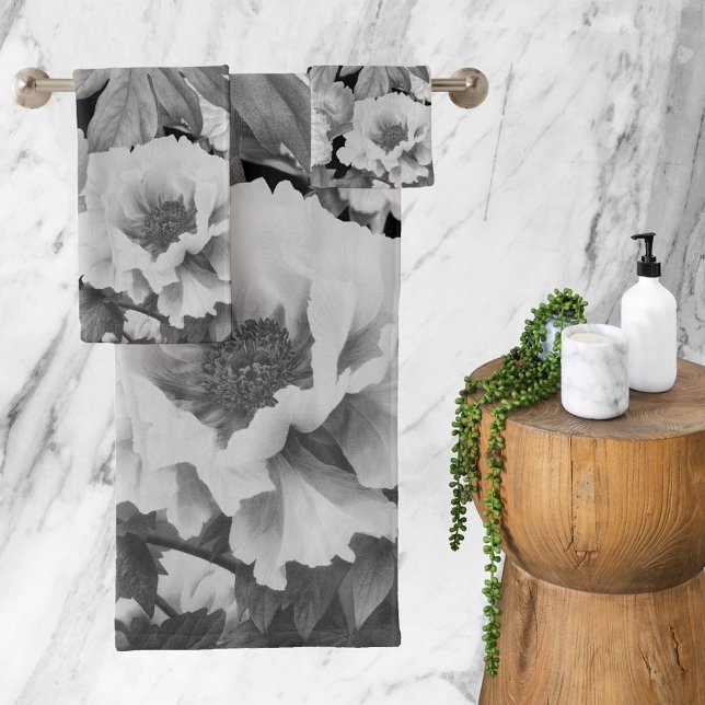 Aquarelle florale Black & White Peonies (Black & White Peonies Watercolor Floral Bath Towel Set)