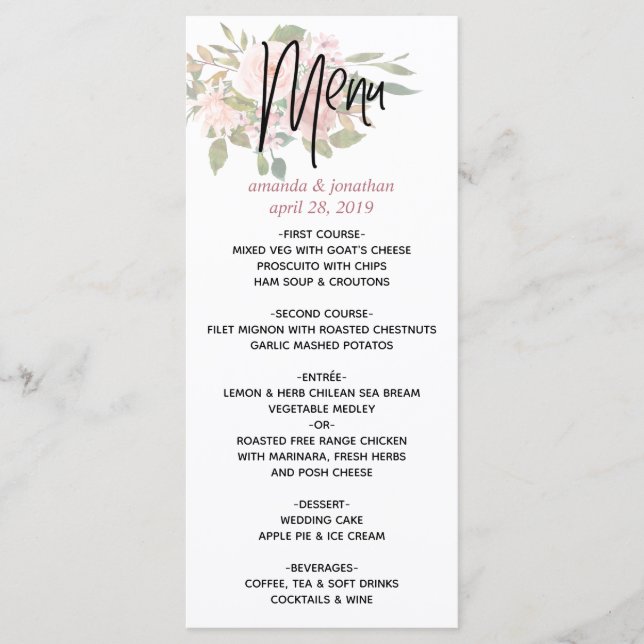 Aquarelle florale Blush et Rose Gold Mariage Menu (Devant)