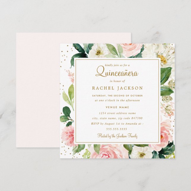Aquarelle florale Blush or Quinceanera Invitation (Devant / Derrière)