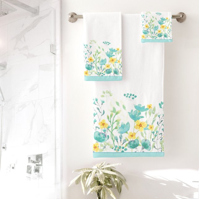 Aquarelle Florale Bordure Turquoise (Watercolor Floral Border Turquoise Bath Towel Set)