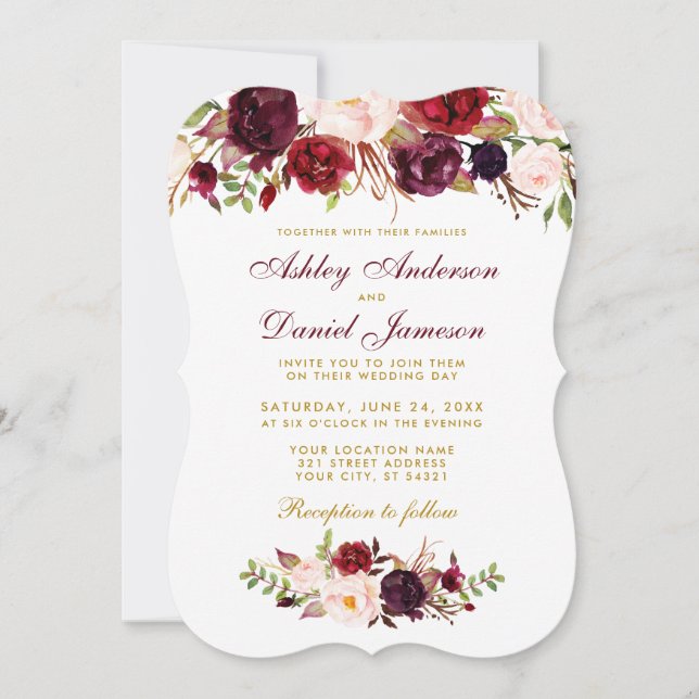 Aquarelle florale Bourgogne Faire-part de mariage  (Devant)