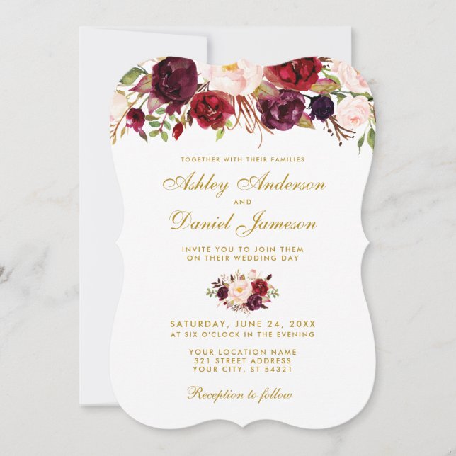 Aquarelle florale Burgundy Faire-part de mariage G (Devant)