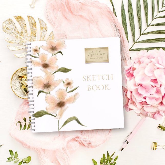 Aquarelle florale Carnet de croquis Nom rustique (Elegant monogram name wildflower shabby chic vintage floral stamp sketchbook with script typography.)