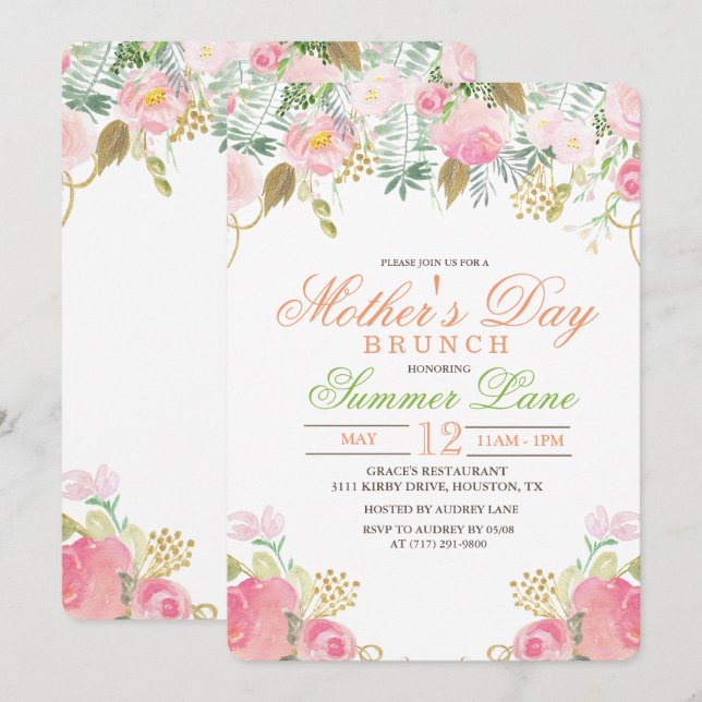Aquarelle florale Fête des mères Invitation Brunch (Devant / Derrière)