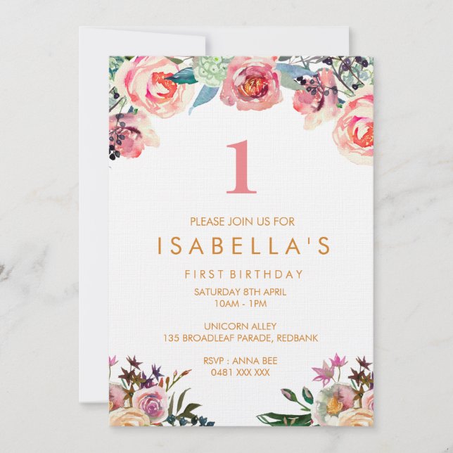Aquarelle florale filles invitation anniversaire (Devant)
