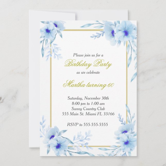 Aquarelle Florale Invitation Anniversaire Blue Gol (Devant)