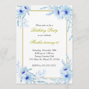 Aquarelle Florale Invitation Anniversaire Blue Gol