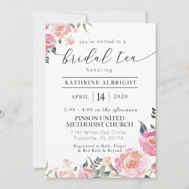 Aquarelle Florale Invitation thé nuptiale (Devant)