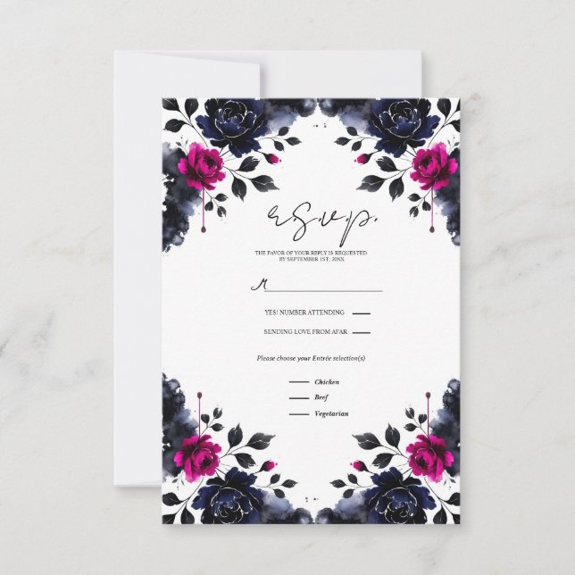 Aquarelle florale Magenta rose et bleu encre RSVP (Devant)