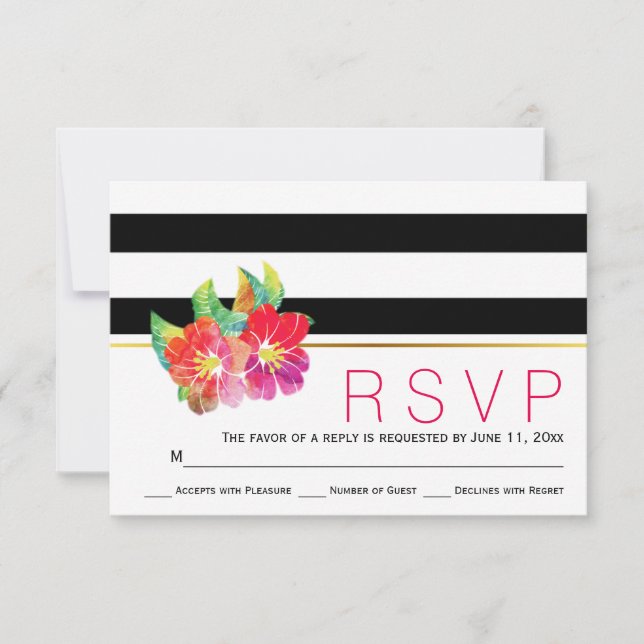 Aquarelle florale noir blanc rayures mariage RSVP (Devant)