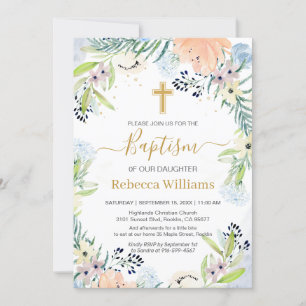 Aquarelle Florale Pêche Baptême Bleu Invitation