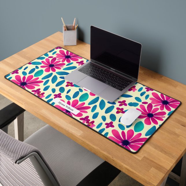 Aquarelle Florale rose chaud et Motif bleu (Bureau 2)
