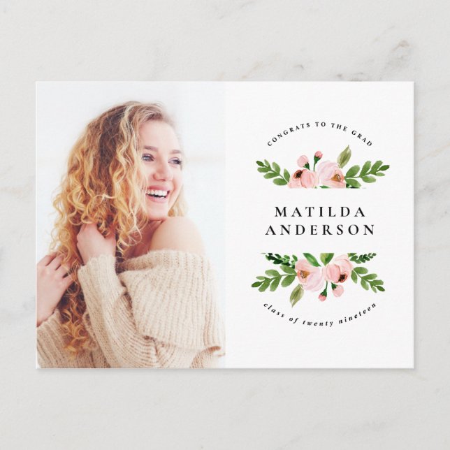 Aquarelle florale rose graduation photo invitation (Devant)