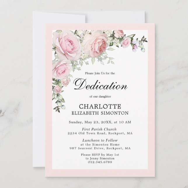 Aquarelle florale rose pâle Dedication Invitation (Devant)