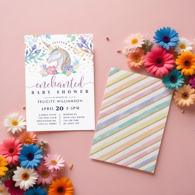 Aquarelle florale Unicorn Baby shower Invitation (Floral Watercolor Unicorn Baby Shower Invitation)