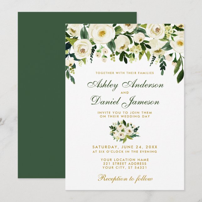 Aquarelle Florale Vert Faire-part de mariage or GB (Devant / Derrière)
