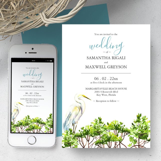 Aquarelle Floride Destination Mariages Invitations (Florida wedding invitations watercolor great white heron and mangroves art by Victoria Grigaliunas)