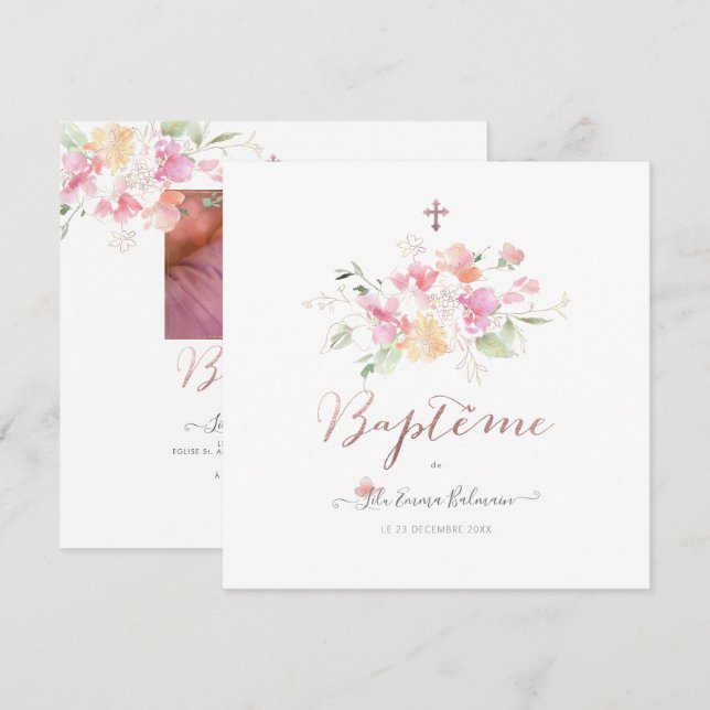 Aquarelle Fluers de Pois Faire part de Baptême Einladung (Vorne/Hinten)