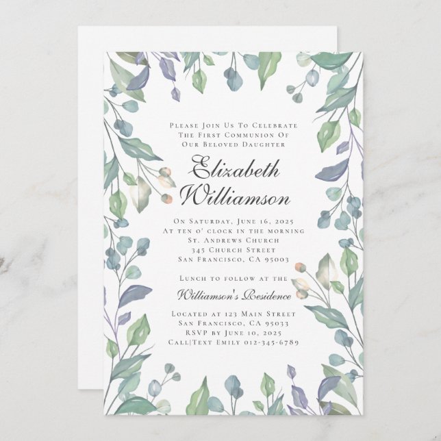 Aquarelle Foliage Première communion Invitation (Devant / Derrière)