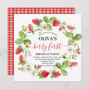 Aquarelle fraise 1er anniversaire Invitation