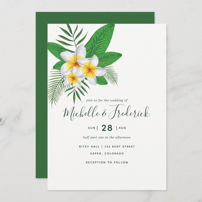 Aquarelle Frangipani Plage Mariage Invitation (Devant / Derrière)