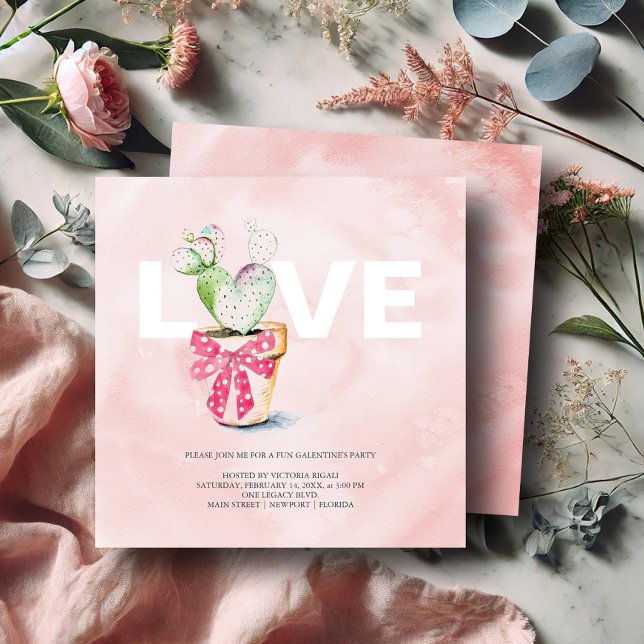 Aquarelle Galantine Invitations Anniversaire (Galentines invitations watercolor heart shaped cactus art by Victoria Grigaliunas DoTellABelle)
