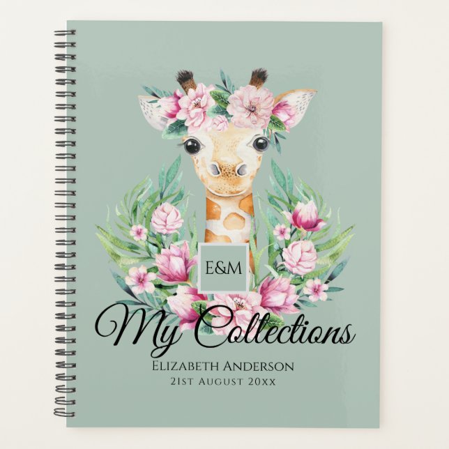 Aquarelle GIRAFFE Boho Fleurs roses Filles Nommées (Devant)