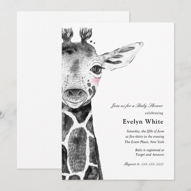 Aquarelle Giraffe | invitation Baby shower (Devant / Derrière)