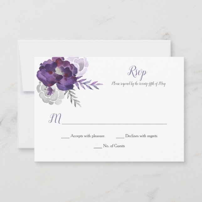 Aquarelle gris argenté violet Roses RSVP (Devant)
