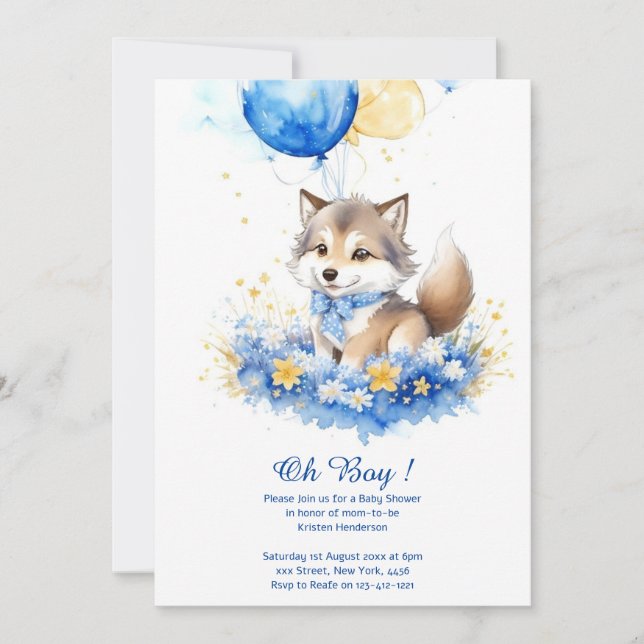 Aquarelle Gris Loup Pup Baby shower Invitation (Devant)